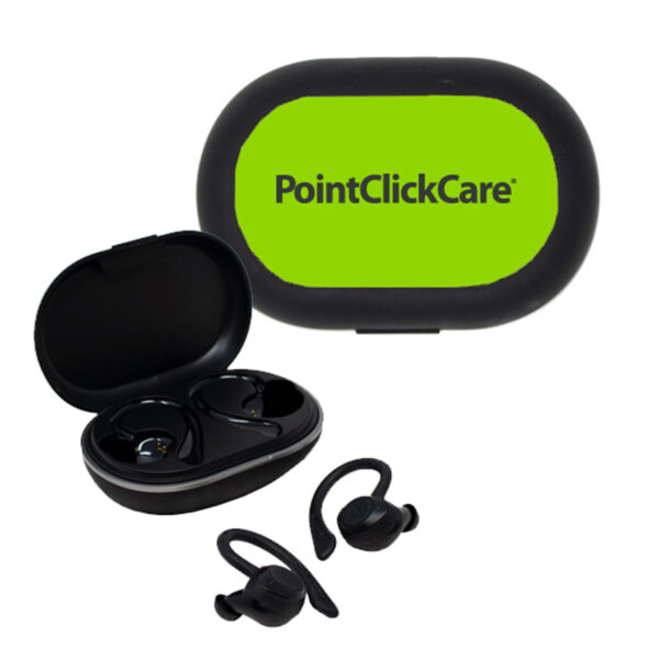 PointClickCare branded headphones and carrying case